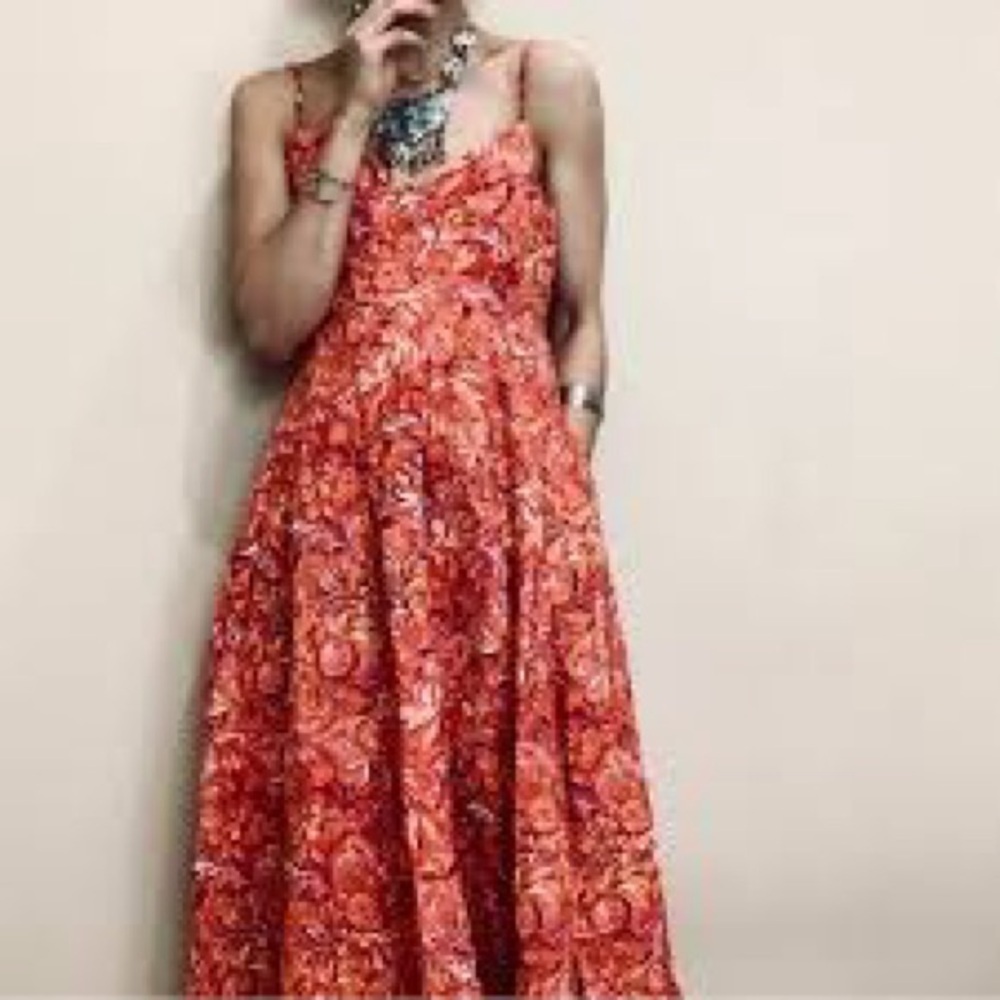 Jason Wu Orange Red Midi Paisley Dress Sundress Sun Linen Size L Vacation Party